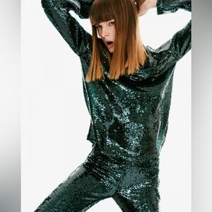 Zara Green Sequin High Neck Top XS 2021 Holiday